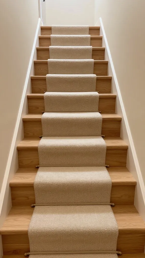 9 Entrance Stairs Design Ideas for a Stylish First Impression 4 Warm and welcoming stair design: light oak steps with softly rounded nosings, a creamy pale riser color, and a cozy wool runner in soft beige, with gentle ambient lighting.