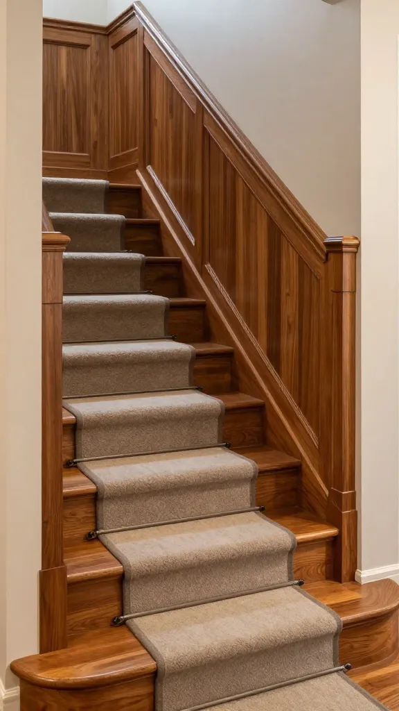 9 Entrance Stairs Design Ideas for a Stylish First Impression 5 Entry hall showcasing warm wood stairs with a subtle satin finish, a runner in warm gray, and a paneled wall with built-in seating along the staircase, inviting and homely.