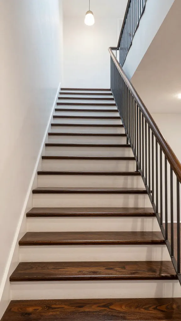 9 Entrance Stairs Design Ideas for a Stylish First Impression 6 A grand staircase scene with dark-stained wood treads, white risers, and a modern, open metal railing, illuminated by a statement pendant light overhead.