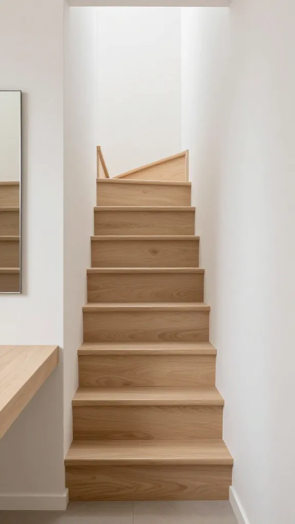 9 Entrance Stairs Design Ideas for a Stylish First Impression 7 Narrow entryway featuring a compact staircase with pale ash wood, rounded nosings, and a light, airy palette, complemented by a slim console table and mirror.