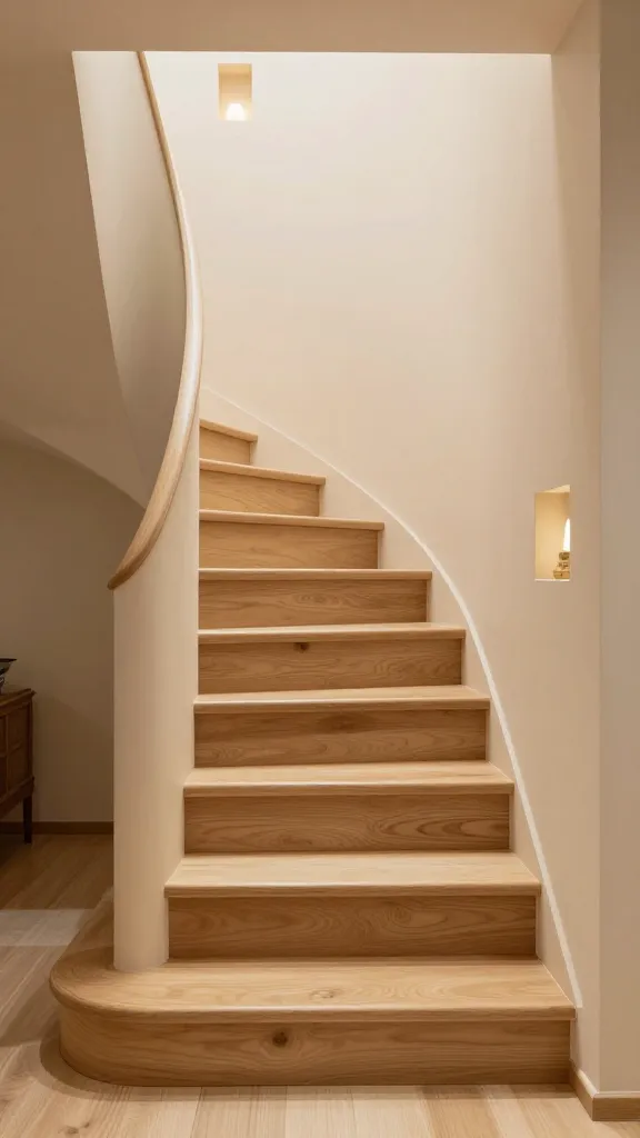 9 Entrance Stairs Design Ideas for a Stylish First Impression 8 Curved staircase design in a warmly lit foyer, light-toned wood, a soft beige runner, and recessed wall niches with small decorative lighting for a cozy vibe.
