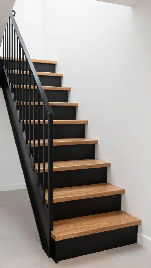 9 Entrance Stairs Design Ideas for a Stylish First Impression 9 A bold contemporary stair setup: matte black metal risers, solid wood treads with crisp edges, and a contrasting white wall, creating a dramatic high-contrast entry.