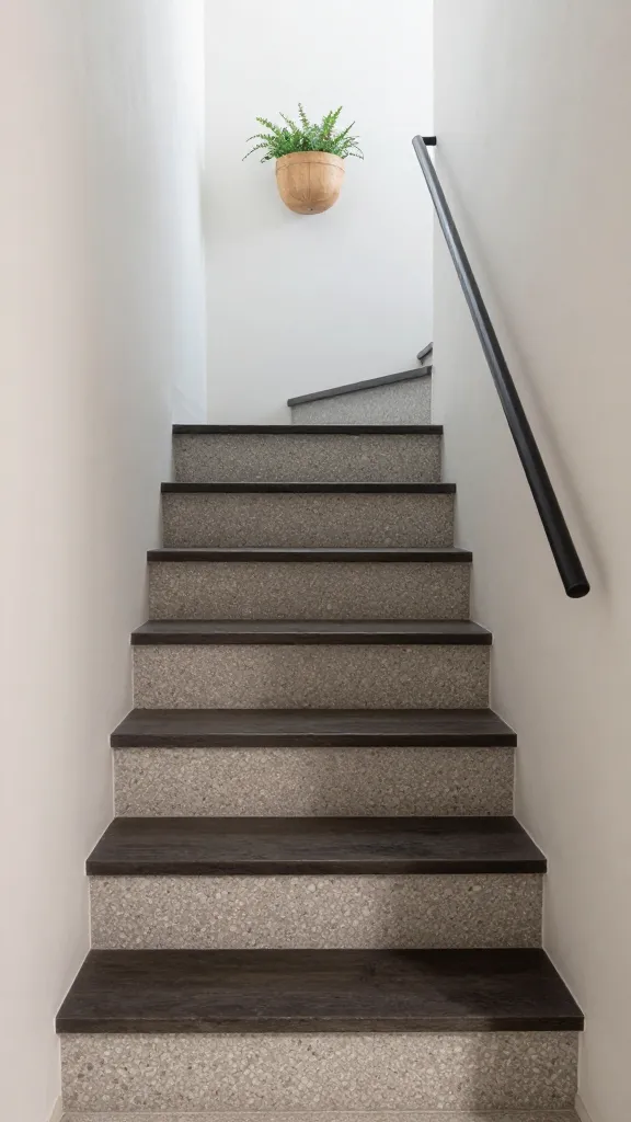 9 Entrance Stairs Design Ideas for a Stylish First Impression 10 Entryway with terrazzo risers in a muted color palette, dark treads, and a slim black metal railing, paired with a minimalist adjacent wall planter and natural textures.
