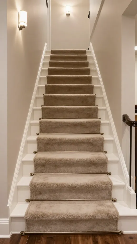 9 Entrance Stairs Design Ideas for a Stylish First Impression 11 Welcoming staircase with plush neutral-toned carpeting on the treads, white risers, rounded balustrades, and a soft, ambient glow from wall sconces along a warm-toned entryway.