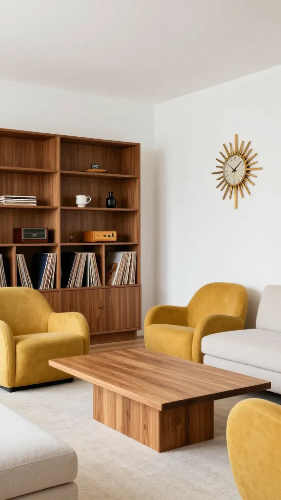 An airy MCM family room with a warm walnut wall unit housing a vintage records shelf, a pristine teak coffee table, a pair of sculptural molded-plastic armchairs in mustard yellow, and a sunburst wall clock above, complemented by clean white walls and a low-profile sofa.