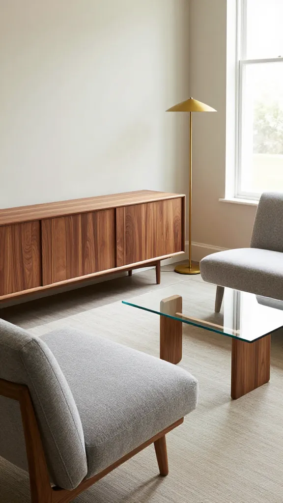 A cozy seating nook in teak and walnut tones: a curved walnut credenza, a curved-back lounge chair with ash fabric, a minimalist glass-tlo coffee table, and a statement floor lamp with a slender brass stem, all bathed in natural light from a large window.