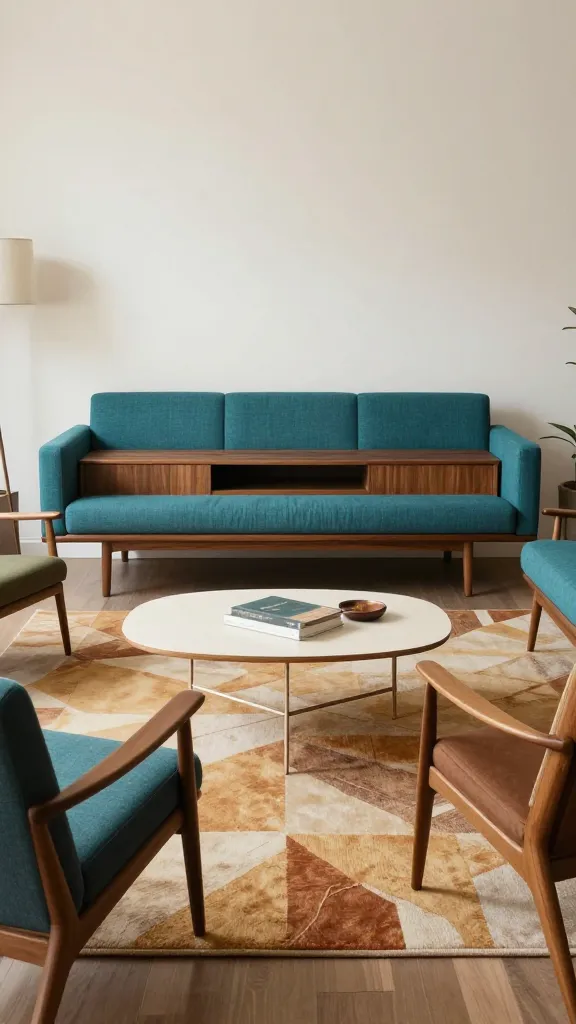 A mid-century modern living room focused on color and texture: a teal upholstered sofa, walnut floating media console, geometric area rug in warm earth tones, and three mid-century side chairs with wooden frames around a minimalist coffee table.