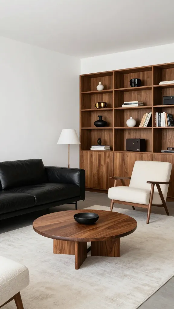 A stylish MCM living room with a black-and-white palette accented by warm woods: a black leatherette low sofa, walnut circular coffee table, tapered-leg lounge chairs in cream fabric, and a floor-to-ceiling teak bookcase with vintage decor.