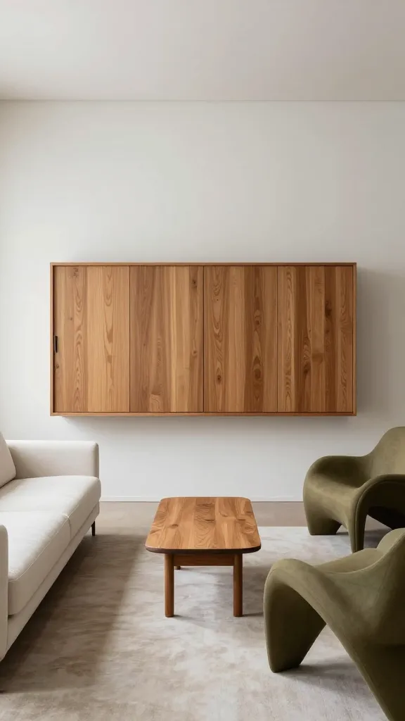 A compact, stylish living space showing space-saving MCM design: a wall-mounted teak cabinet, a low-profile white sofa, a slender coffee table with a molded-wood top, and a pair of sculptural lounge chairs in muted olive, all arranged around a media-free focal wall.