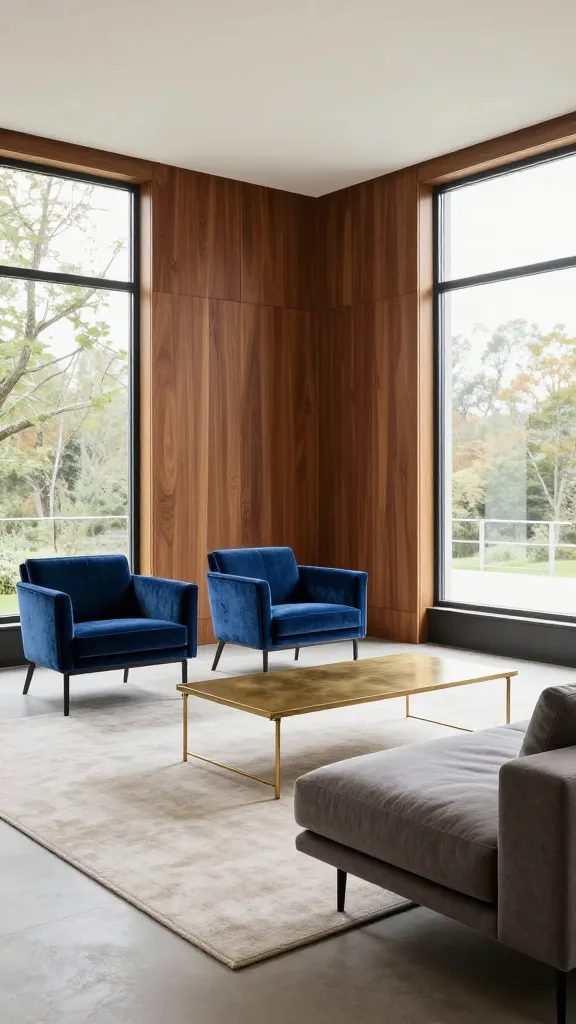 An expansive living room featuring oversized windows, a walnut-paneled accent wall, a pair of mid-century velvet lounge chairs in deep blue, a long brass-legged coffee table, and a sleek, low-profile sofa with thin legs.