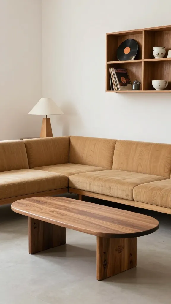 A minimal yet warm MCM scene: a walnut wedge coffee table, an L-shaped oak sofa with clean lines, a single geometric lamp with a conical shade, and a wall-mounted teak shelving unit displaying retro vinyls and ceramics.