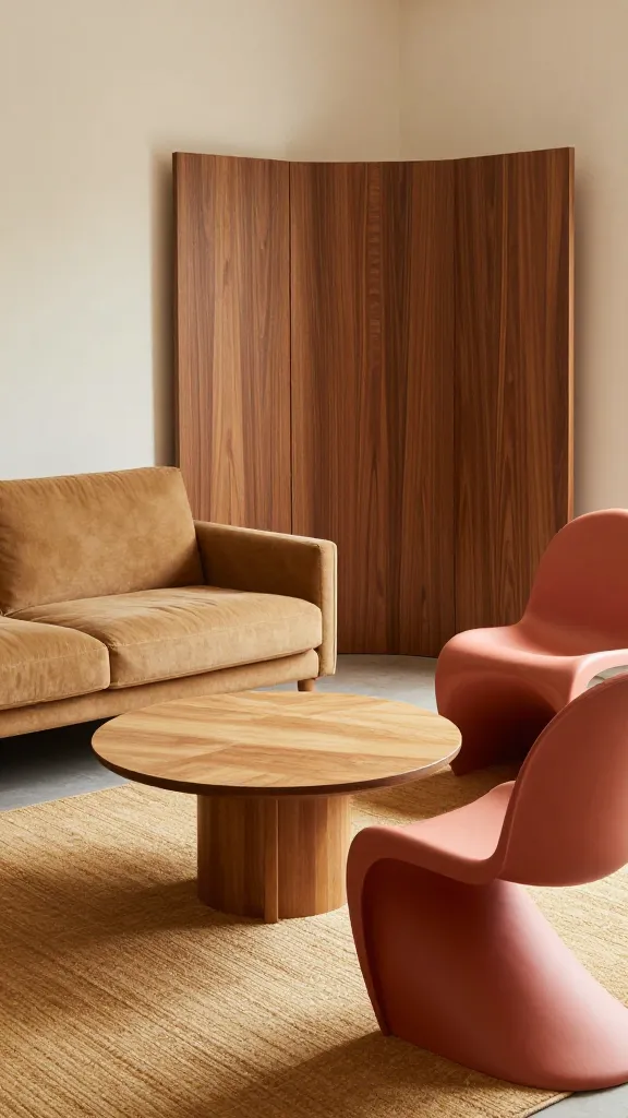 A cozy conversation area in a sunlit corner: a curved walnut credenza as a room divider, a plush tan fabric sofa with tapered legs, a round teak coffee table, and a pair of sculptural molded-plastic chairs in muted coral, with a warm wool rug anchoring the scene.