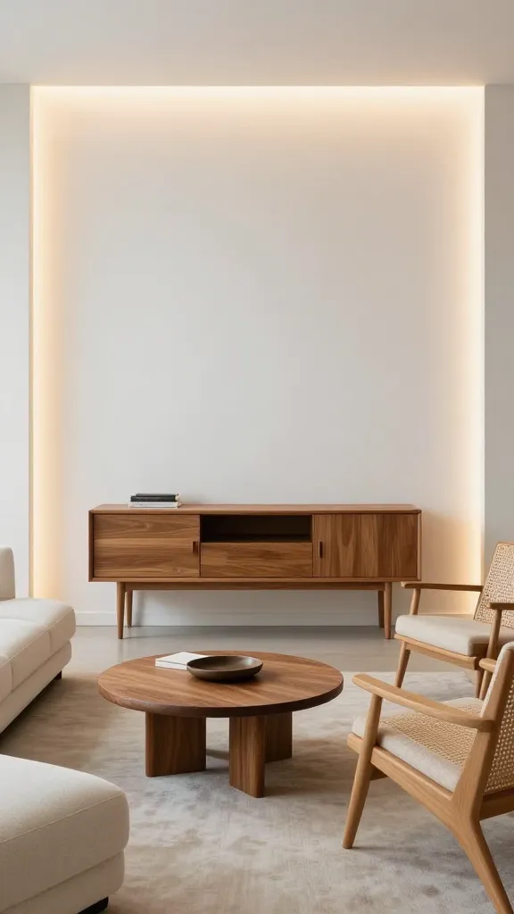 A retro-modern entry-to-living transition: a teak console with slim legs, a compact low-sofa in cream, a circular walnut coffee table, and a pair of lightweight armchairs with rattan-inspired backs, all framed by warm ambient lighting and clean white walls.
