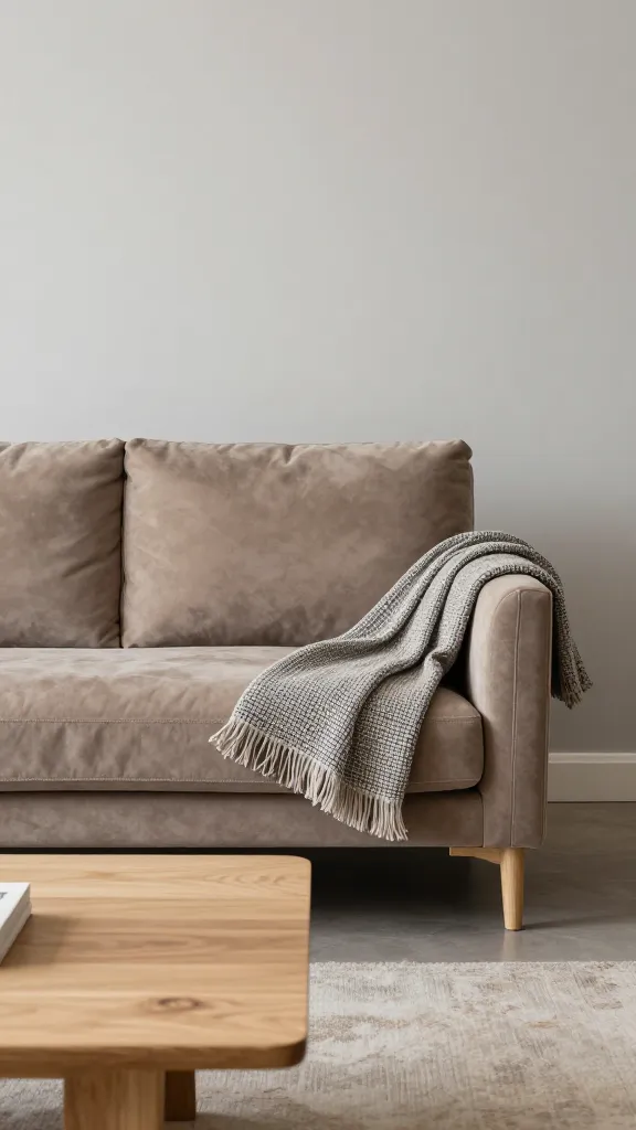 A modern living room featuring a warm taupe velvet sofa with clean lines, paired with a textured tweed throw, in a softly lit space with a neutral greige wall and minimalist light wood coffee table.