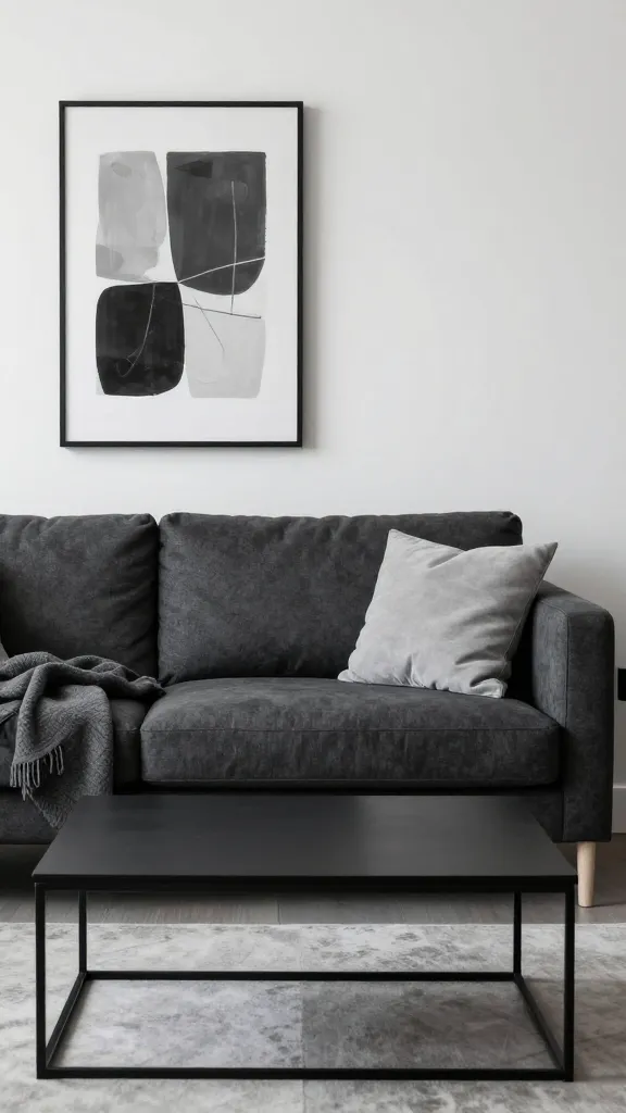 A chic monochrome setup with a deep charcoal sofa, lighter gray cushions and a charcoal throw, accented by a monochromatic abstract wall art and sleek black metal coffee table.