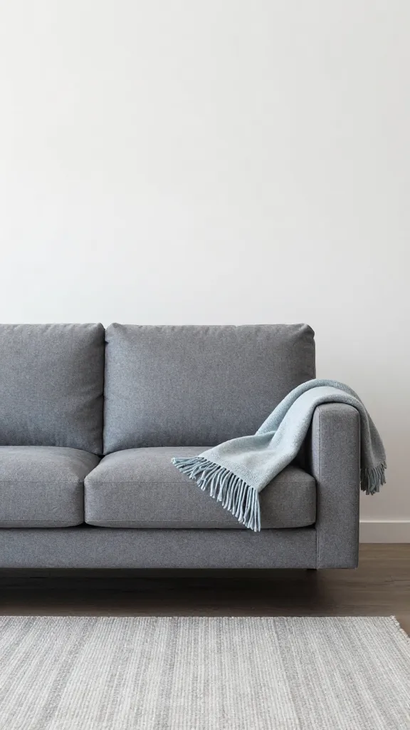 A contemporary living room showcasing a cool greige sofa with a hint of blue undertone, paired with a pale blue-gray throw, white walls, and a textured rug to add depth.