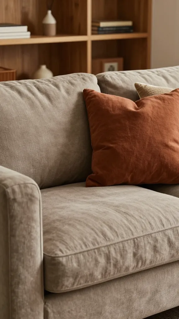 A cozy family room featuring a taupe linen sofa with visible grain texture, rust-colored throw pillows, and a presence of warm wood tones in the furniture and shelving.