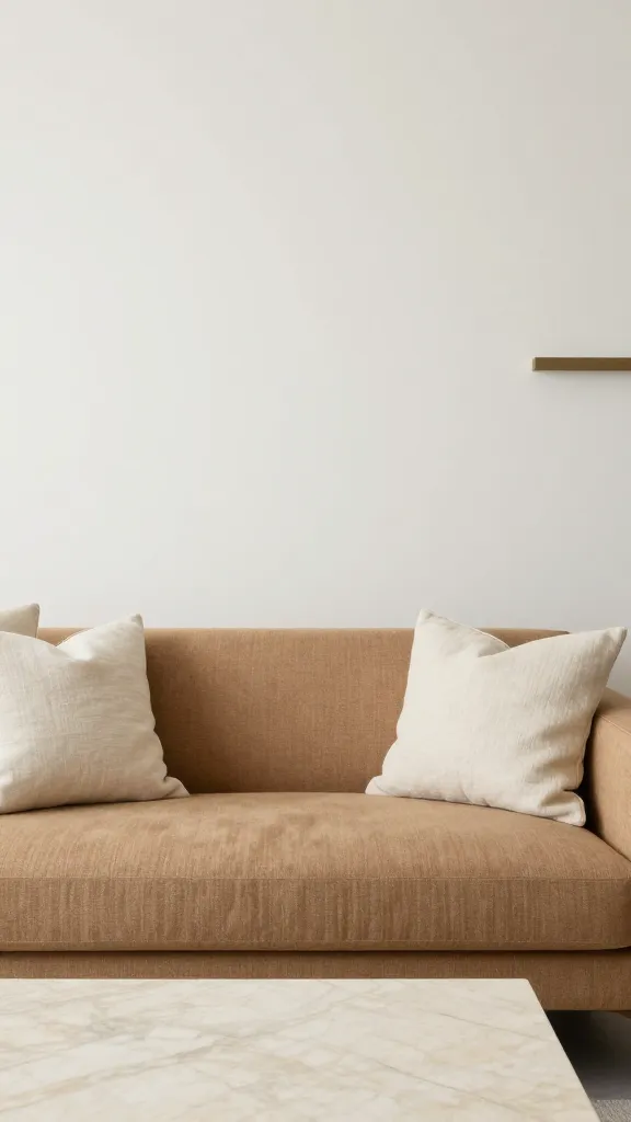 A minimalist living space with a soft camel tweed sofa, cream linen cushions, and a marble coffee table, set against off-white walls and subtle metallic accents.