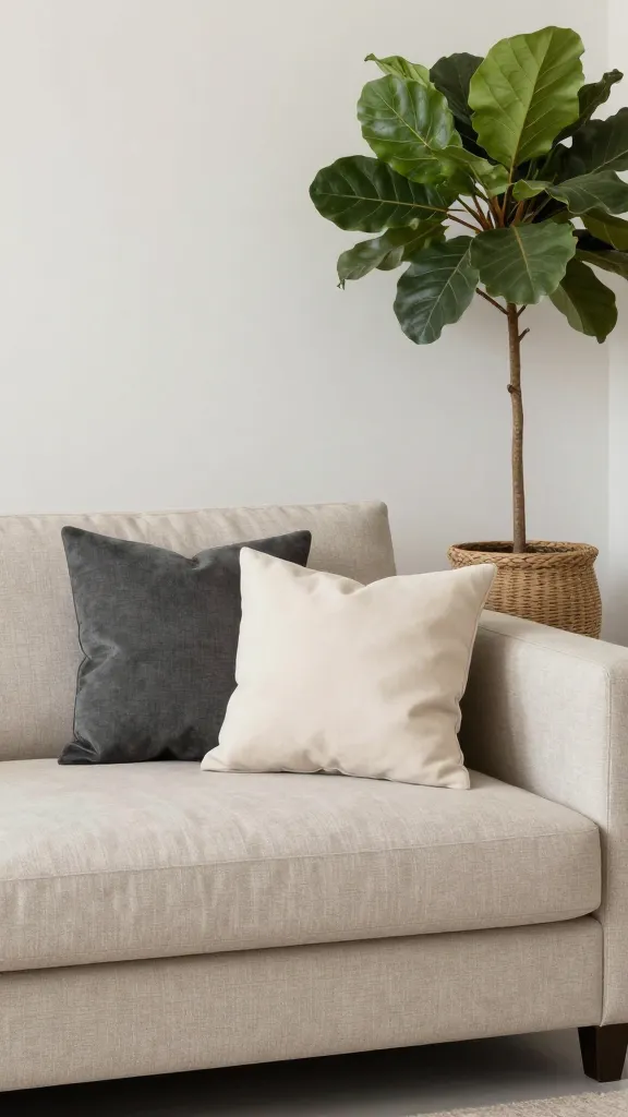 A stylish lounge area presenting a neutral beige sofa with a hint of greige, layered with charcoal and cream cushions, and a statement plant in a woven planter for contrast.