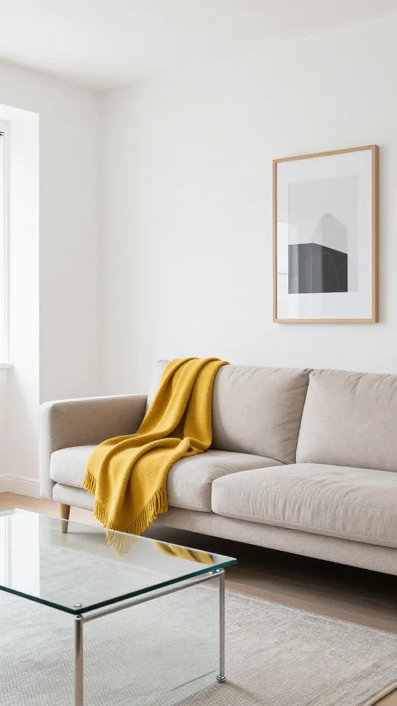 A bright, modern living room with a light taupe sofa, crisp white walls, and a punch of color from a mustard yellow throw and artwork, plus a glass coffee table for a sleek vibe.