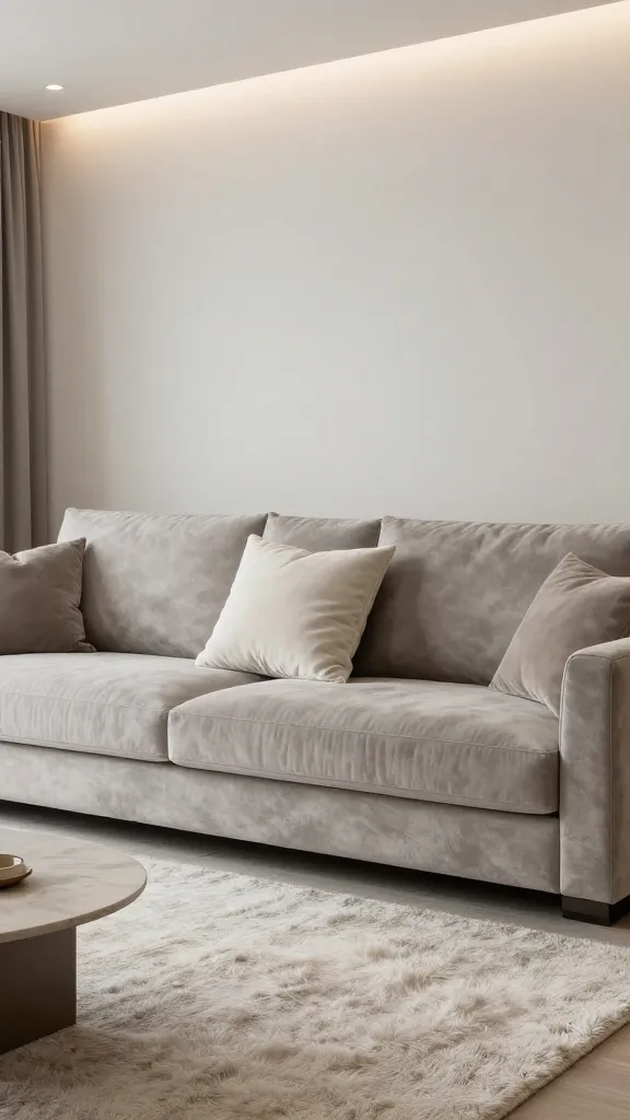 An upscale den-like living room featuring a cool neutral greige sofa, velvet cushions in ivory and taupe, a soft, shaggy rug, and soft recessed lighting for a calm atmosphere.