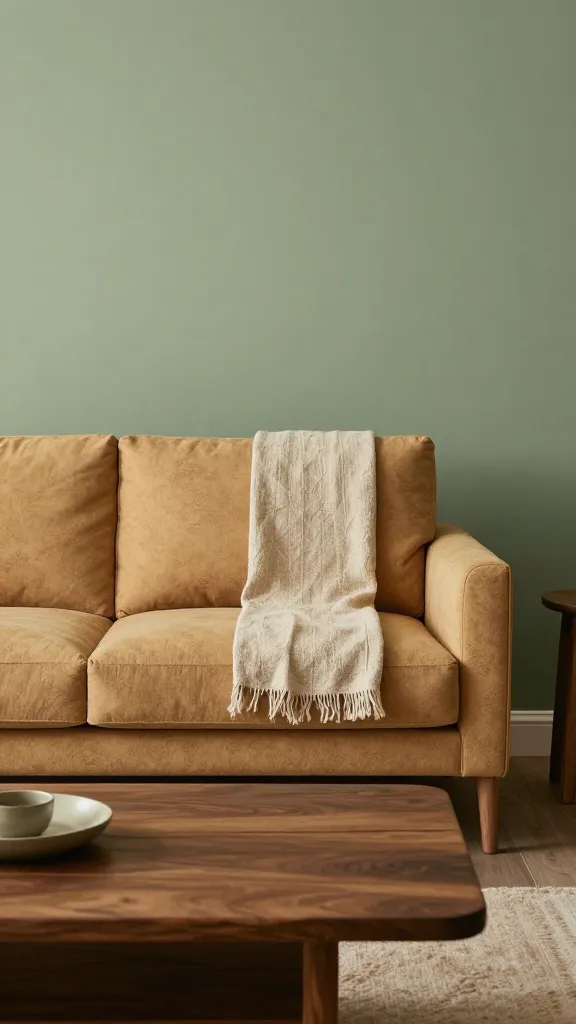 A sophisticated space showing a warm camel sofa with a textured linen throw, dark wood coffee table, and a backdrop of sage green wall color with minimal, nature-inspired decor.