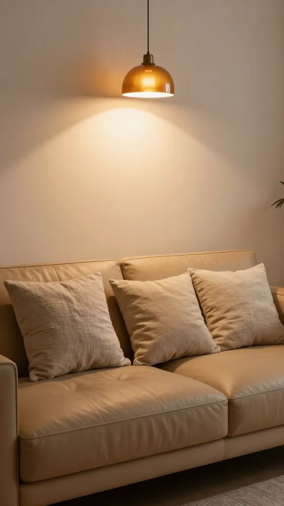 An elegant living room spotlighting a soft camel leather sofa with subtle tufting, complemented by layered linen cushions in varying beige tones, and a warm, ambient glow from amber pendant lighting.