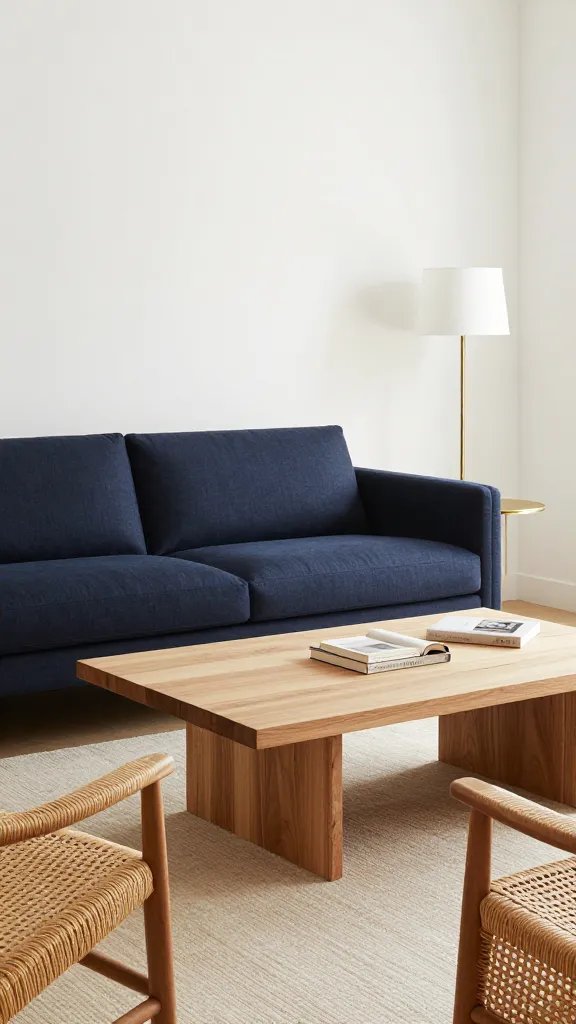 A sophisticated living room featuring a deep navy sofa, bright white walls, natural oak coffee table, and rattan chairs, with brass lamp bases and soft warm lighting, no text.