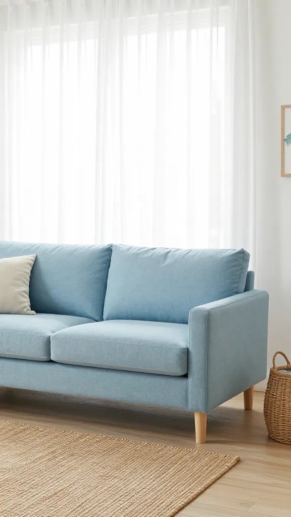A serene powder-blue sofa setting in a sunlit living room, with airy white sheer curtains, light wood floor, coastal-inspired accessories, and a woven jute rug, no text.