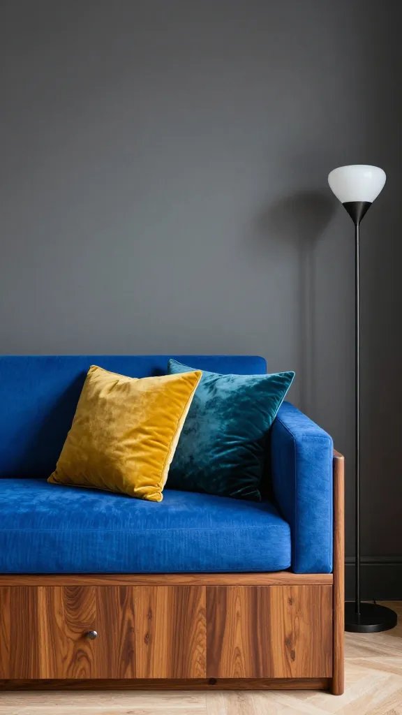 A bold contrast scene: royal blue sofa against charcoal gray walls, warm walnut sideboard, velvet throw pillows in mustard and teal, and a sculptural floor lamp, no text.