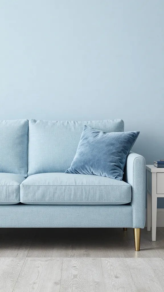A tonal blue living room: pale blue sofa, light blue walls, varying textures in textiles (linen, boucle, velvet), white oak furniture, and brushed nickel accents, no text.