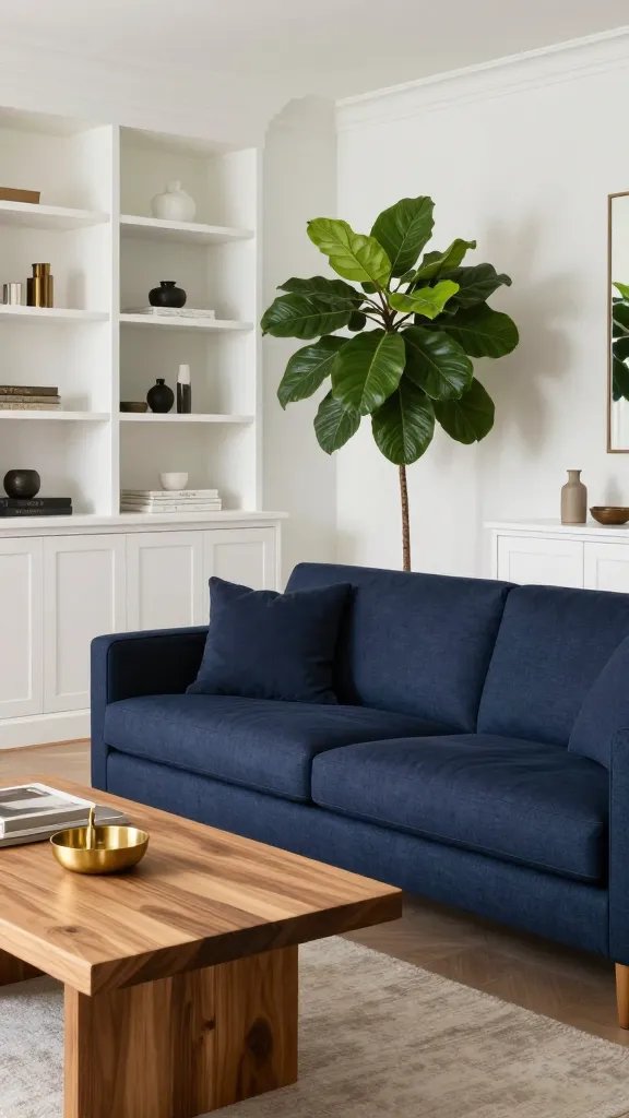 Navy sofa paired with crisp white built-ins, a natural wood coffee table, brass accents, and a large green houseplant for a fresh focal point, no text.