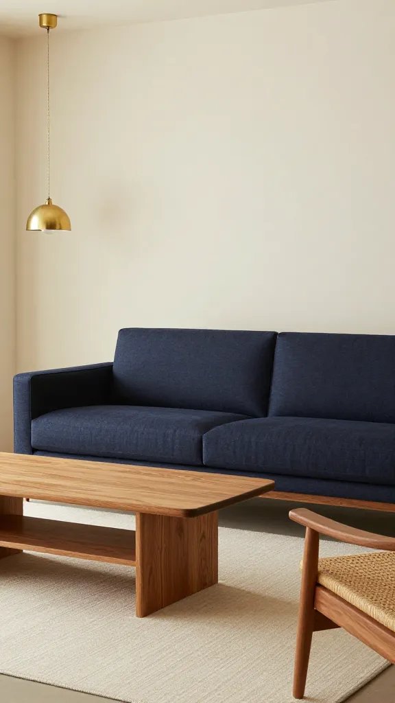Deep navy sofa with warm woods: oak coffee table, rattan chair, cream area rug, and soft cream walls, accented by a brass pendant light, no text.