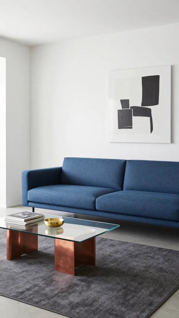 A modern blue sofa living room with a charcoal rug, glass coffee table, and metallic accents in copper or brass, white walls, and a statement abstract art piece (no text).