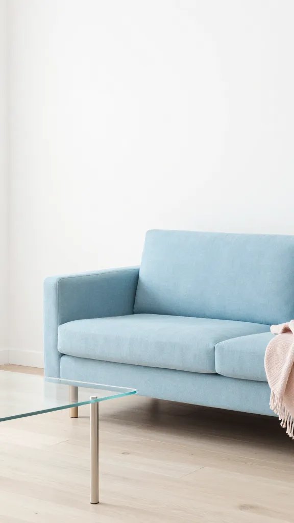 Powder blue sofa in a bright, minimalist space: white walls, light wood flooring, a slim glass coffee table, and neutral textiles, with a hint of blush pink decor, no text.