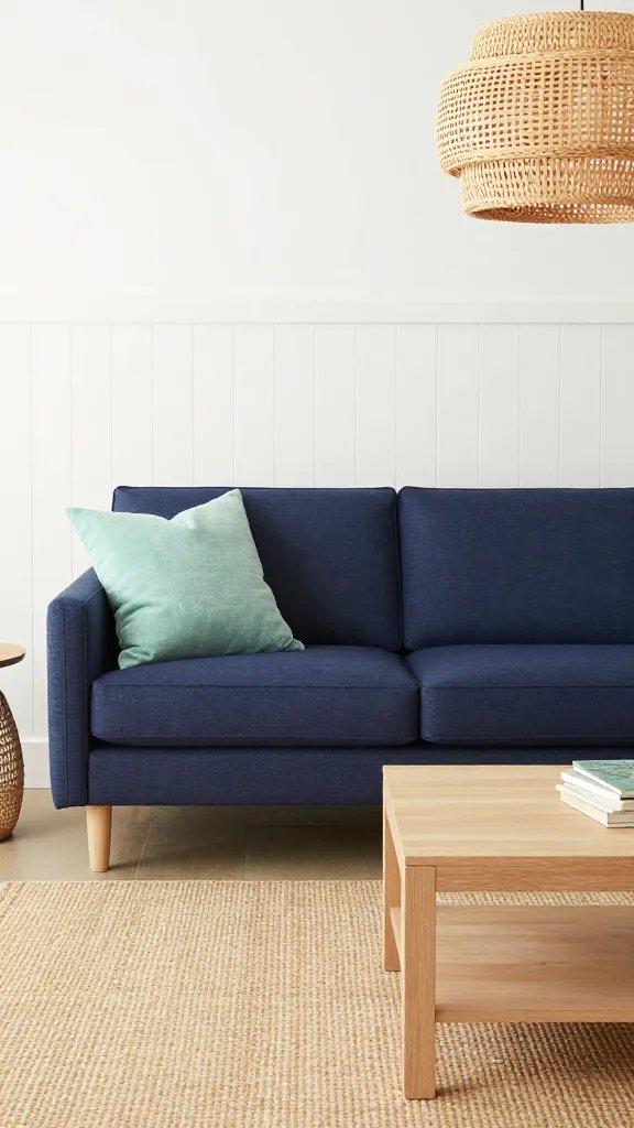 Navy sofa in a coastal-inspired setup: white beadboard paneling, natural fiber rug, light wood seating, seafoam green accents, and a woven drum pendant, no text.