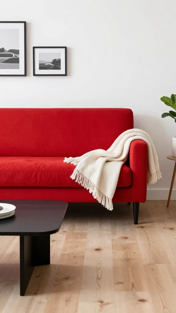 A bold red sofa in a bright living room with white walls, pale oak flooring, and black accent pieces like a coffee table and picture frames, styled with a cream throw blanket and minimal greenery.