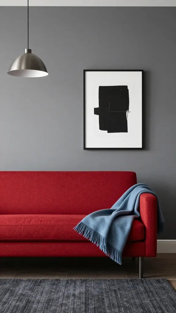 A red sofa paired with cool gray walls and a charcoal rug, featuring a slate-blue throw, metallic lighting fixtures, and simple black-and-white abstract art.