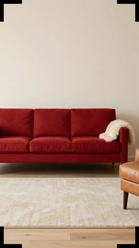 A classic red sofa surrounded by soft neutrals: ivory walls, light wood floors, a cream rug, with tan leather armchair,/faux fur throw, and black photocorners for a timeless look.