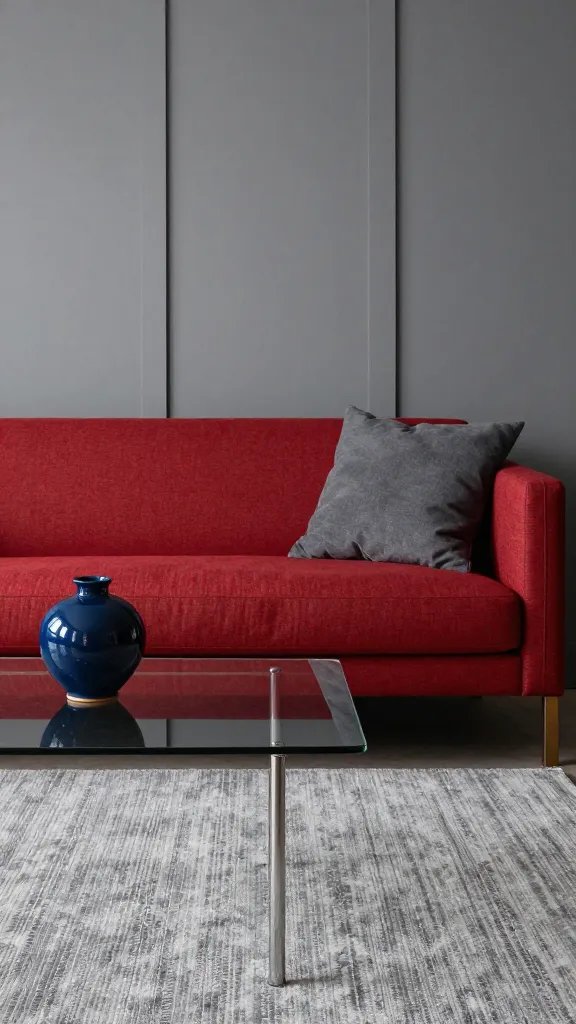 Modern cozy setup: red sofa against cool gray paneling, layered with a heather gray rug, graphite cushions, a glass coffee table, and a navy ceramic vase as a subtle pop.