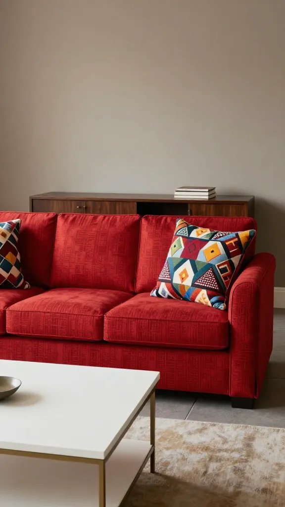 Red sofa with bold patterned textiles: a large red sofa with geometric, multi-color patterned cushions, a taupe wall, dark wood sideboard, and a white coffee table to balance.