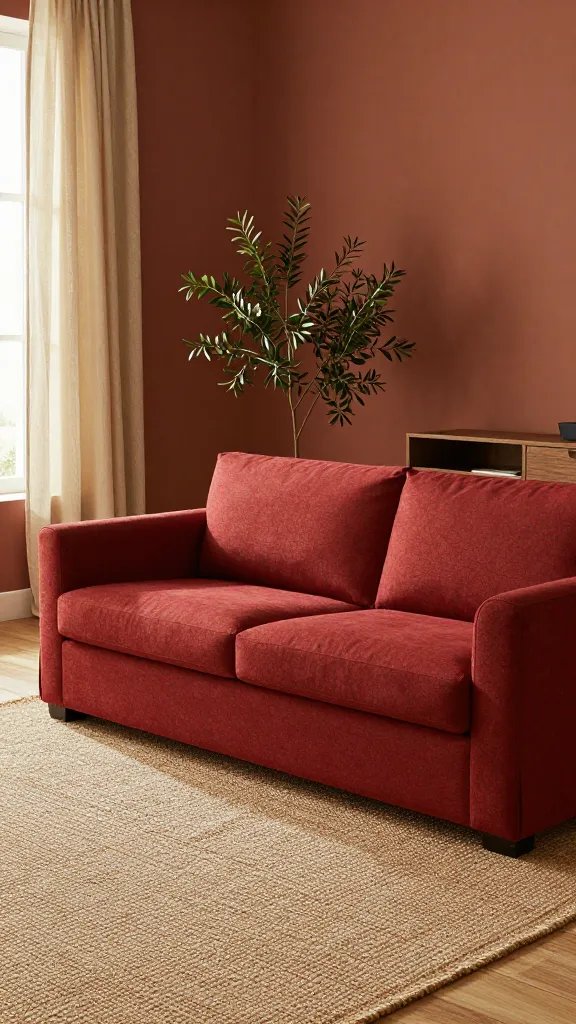 Red sofa in a warm, earthy palette: terracotta walls, warm beige curtains, jute rug, olive green plants, and a wooden media console.