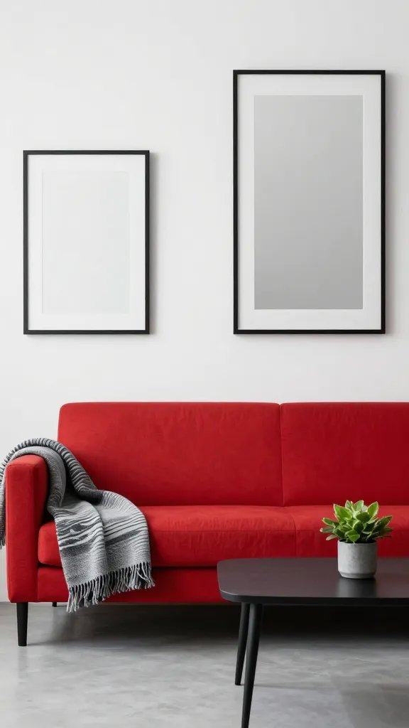 Minimalist red sofa scene: red sofa on white walls, black framed mirrors, skinny black legs coffee table, and a monochrome throw with a single accent plant.
