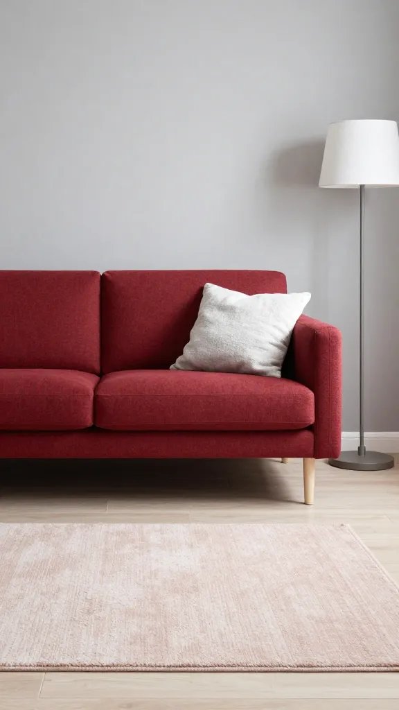 Scandinavian-influenced red sofa: light gray walls, pale wood floor, pale blush rug, simple white and gray textiles, and a soft ambient floor lamp.