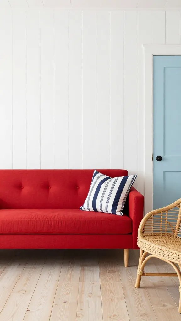 Red sofa with coastal vibes: whitewashed walls, pale blue accents, light wood floors, a woven rattan chair, and navy striped cushions.