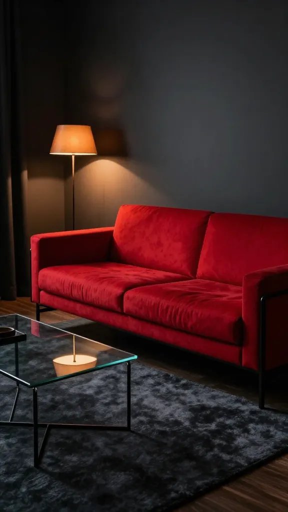 Dramatic red sofa in a moody room: charcoal walls, black metal accents, a deep charcoal rug, a glass-topped coffee table, and a single warm amber floor lamp casting cozy light.