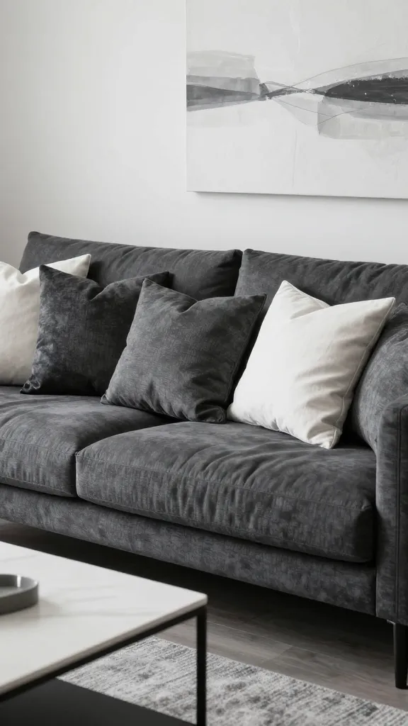 A modern living room with a charcoal sofa, monochrome pillows in charcoal, gunmetal, and graphite arranged in varying textures, plus a few white accent pillows; soft natural light, a minimalist coffee table, and a subtle abstract wall art in grayscale.