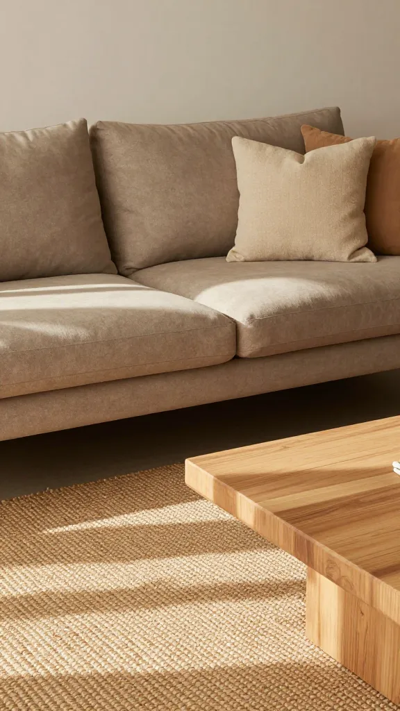 A warm taupe sectional featuring layered taupe, biscuit, and sand pillows; natural woven textures like a jute rug and a light wood coffee table; soft afternoon sun casting gentle shadows.