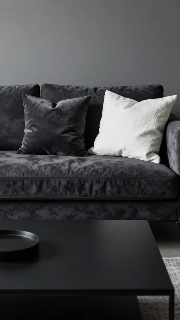 A chic monochrome setup: a charcoal velvet sofa with mismatched charcoal and graphite pillows, a few white linen pillows for contrast, and a sleek black coffee table; cool-toned ambient lighting.