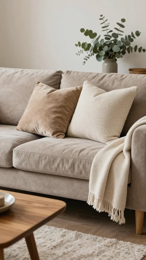A living room with a warm taupe sofa styled with soft textures: velvet biscuit pillows, knitted sand pillows, and a light beige throw; a wooden coffee table and a muted eucalyptus plant in the background.